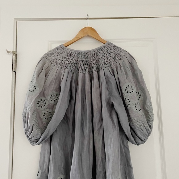 Innika Choo Smocked Floral Embroidered Eyelet Linen Dress - Picture 10 of 10